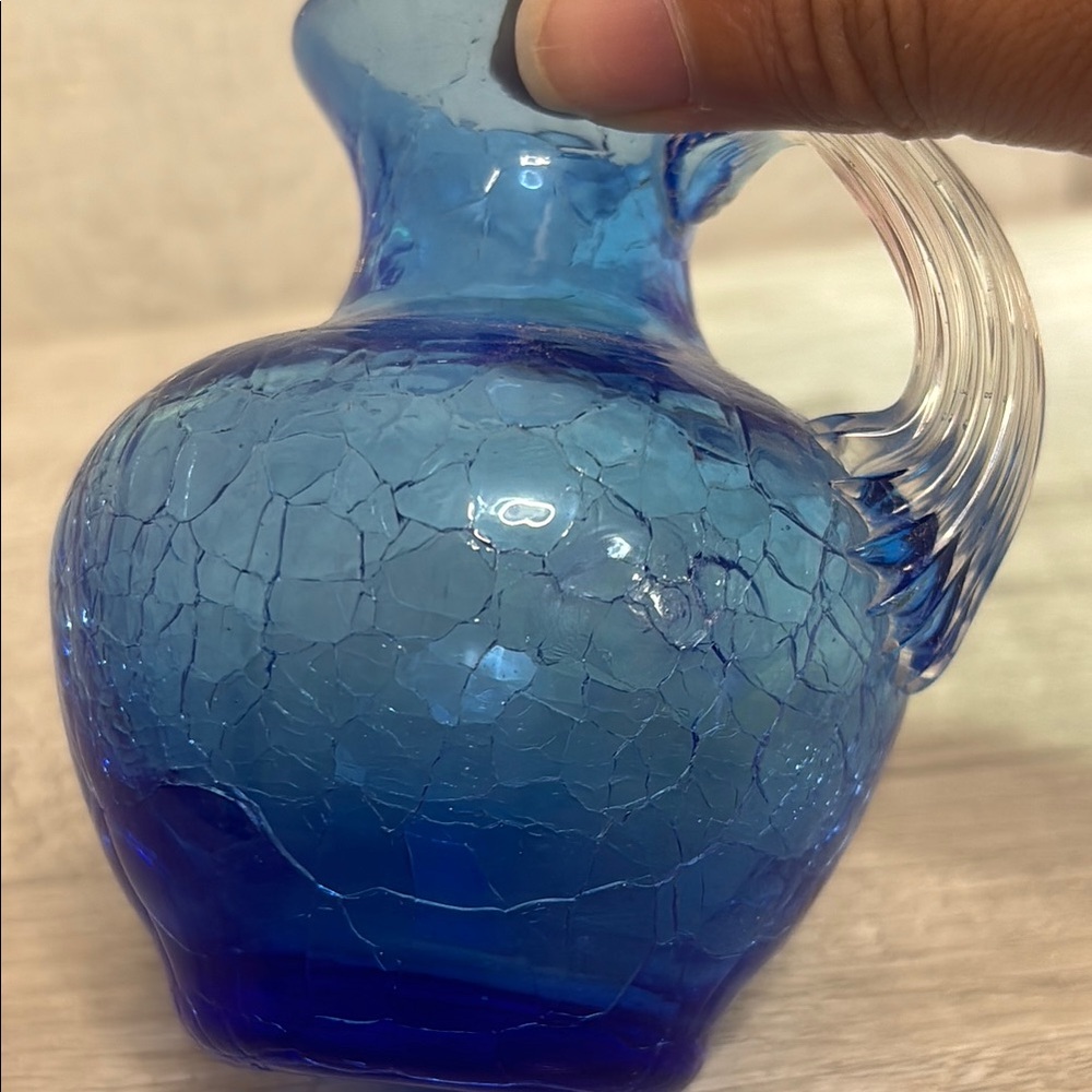 Blue Crackle Glass Creamer with Clear Handle - Picture 4 of 6